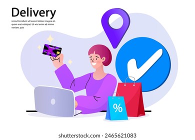 Woman using a credit card to shop on a computer. people use online shopping services. Smartphone marketing and e-commerce. delivery service concept. Vector illustration.