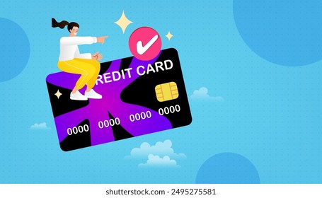 Mujer que usa una tarjeta de crédito para comprar en una computadora. La gente usa servicios de compras en línea. Servicio de entrega de concepto de marketing y comercio electrónico para smartphones. Ilustración de contorno de Vector.