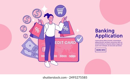 Woman using a credit card to shop on a computer. people use online shopping services. Smartphone marketing and e-commerce. delivery service concept. Vector outline illustration.