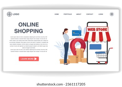 A woman is using a credit card. website page Online Shopping. Modern flat design concept of web page design for website and mobile website