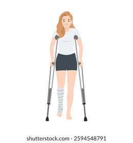 Woman using crutches to support herself while walking, with her left leg wrapped in a bandage. Flat vector illustration isolated on white background