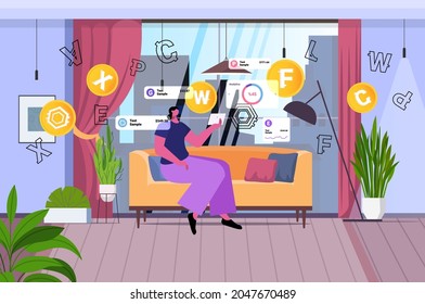 woman using cryptocurrency mining application on tablet pc virtual money transfer app banking transaction digital currency