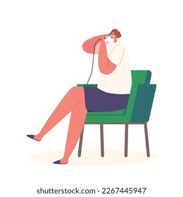 Woman Using Curling Iron To Style Her Hair Sitting on Armchair Isolated on White Background. Beauty And Hair Care Product Advertisements Or Tutorials Concept. Cartoon Vector Illustration