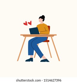 Woman using dating app on his laptop. Small hearts near laptop. Happy woman found someone in dating app. Online app or relationship concept. Flat vector illustration