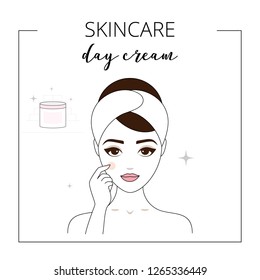 Woman using day cream, taking care about face. Lined vector illustration. 
