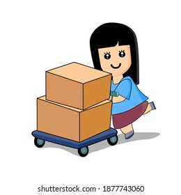 A Woman using delivery cart for delivery.  vector illustration isolated on white background.