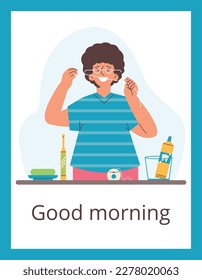 Woman using dental floss, good morning inscription on poster - flat vector illustration. Concepts of oral care and stomatology. Person cleaning teeth with dental floss.
