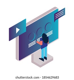 mujer que utiliza el escritorio con diseño de ilustración vectorial de infografía