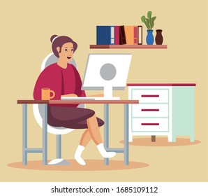 woman using desktop work at home vector illustration design