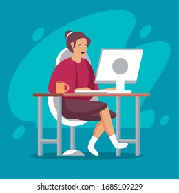 mujer que utiliza el trabajo de escritorio en el diseño de ilustración del vector doméstico