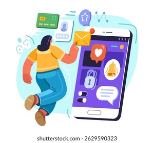 Woman using different mobile applications on smartphone. Internet network connection, digital marketing and social media