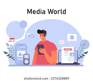 Woman using digital devices. Character consuming the content in mass media. Internet resources and social network. Flat vector illustration