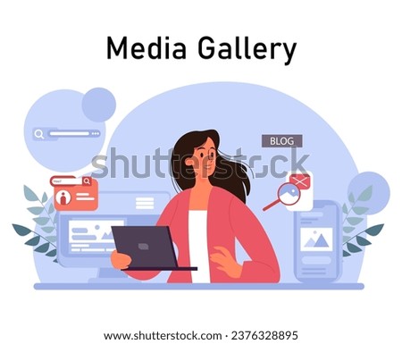 Woman using digital devices. Character consuming the content in mass media. Internet resources and social network. Flat vector illustration