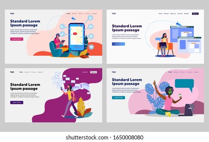 Woman using digital devices set. Online shopping, blogger, smartphone, laptop. Flat vector illustrations. Internet, wireless communication concept for banner, website design or landing web page