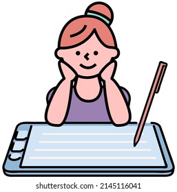 Woman using digital pencil or stylus pen. Portrait of girl drawing on tablet. Lady working with electronic device to create graphic design. Female designer creates new project, freelance work