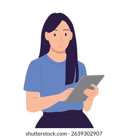 Woman Using Digital Tablet – Flat Vector Illustration of Female Character with Modern Technology