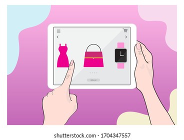 Woman using digital tablet to shop online; Closeup of woman doing online shopping on digital tablet at home