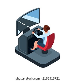 Woman using driving simulator back view 3d isometric vector illustration