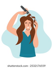 Woman using electric curling iron to get curly hairstyle. Girl with curling iron wants to be beautiful, giving straight hair curly look. Vector flat illustration