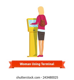 Woman using electronic self-service terminal. Flat style illustration. 