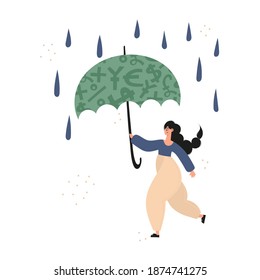 Woman using emergency trust fund as umbrella to cover under it in difficult times. Personal finance, money savings, emergency support fund, personal capital, insurance, financial growth concepts.