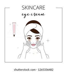 Woman using eye cream, taking care about face. Lined vector illustration. 