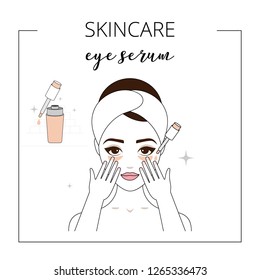 Woman using eye serum, taking care about face. Lined vector illustration.