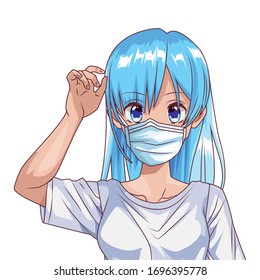 woman using face mask anime character vector illustration design