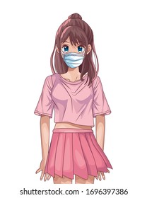 woman using face mask anime character vector illustration design