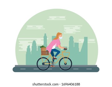 woman using face mask in bicycle transport groceries vector illustration design
