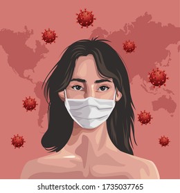 woman using face mask with continents maps ,covid19 protection vector illustration design