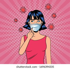 woman using face mask for covid19 pop art style vector illustration design