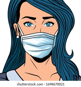 woman using face mask for covid19 pop art style vector illustration design