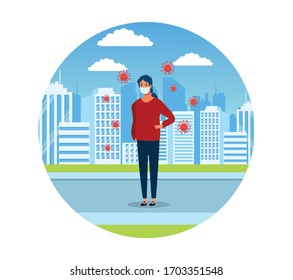 woman using face mask for covid19 in the street vector illustration design