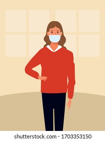 woman using face mask for covid19 in the house vector illustration design