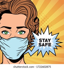 woman using face mask for covid19 saying stay safe vector illustration design