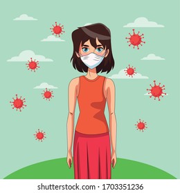 woman using face mask in the park with covid19 particles vector illustration design