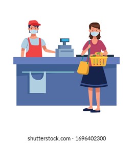 woman using face mask with salesman characters vector illustration design