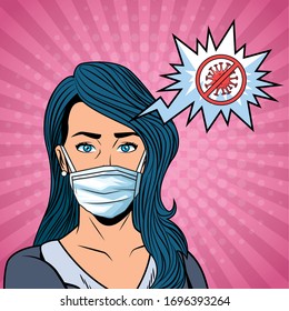 woman using face mask and stop covid19 message vector illustration design