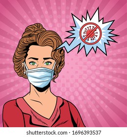 woman using face mask and stop covid19 message vector illustration design
