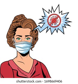 woman using face mask and stop covid19 message vector illustration design