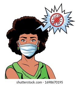woman using face mask and stop covid19 message vector illustration design
