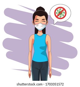 woman using face mask and stop covid19 signal vector illustration design