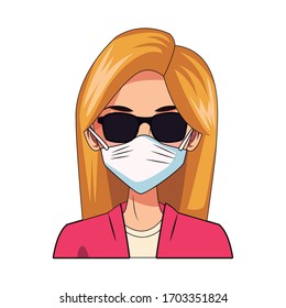 woman using face mask and sunglasses head character vector illustration design