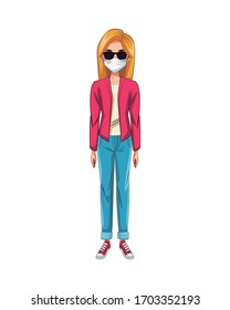woman using face mask and sunglasses head character vector illustration design