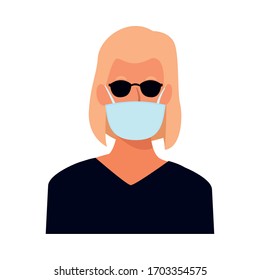 woman using face mask and sunglasses for covid19 vector illustration design