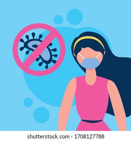 woman using face masks with stop covid19 signal vector illustration design