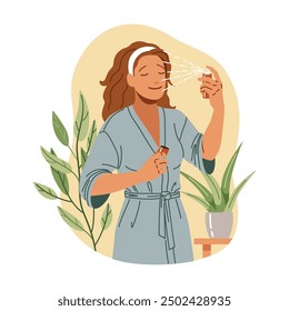 Woman using face mist after bathing flat color vector illustration. Happy lady in bathrobe pampering skin with refreshing product concept icon on white