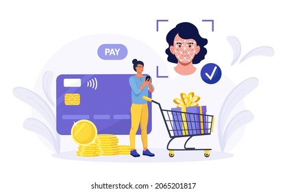 Woman using face recognition technology for payment. Person use facial Biometric Identification application to login to system to buy. Smartphone id security system. Client shopping online