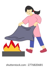 Woman Using Fire Blanket to Smother and Extinguish Flames